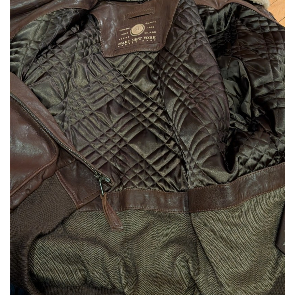 ANDREW MARC NEW YORK Leather Bomber Jacket Faux Shearling Collar BROWN XL - Picture 10 of 10